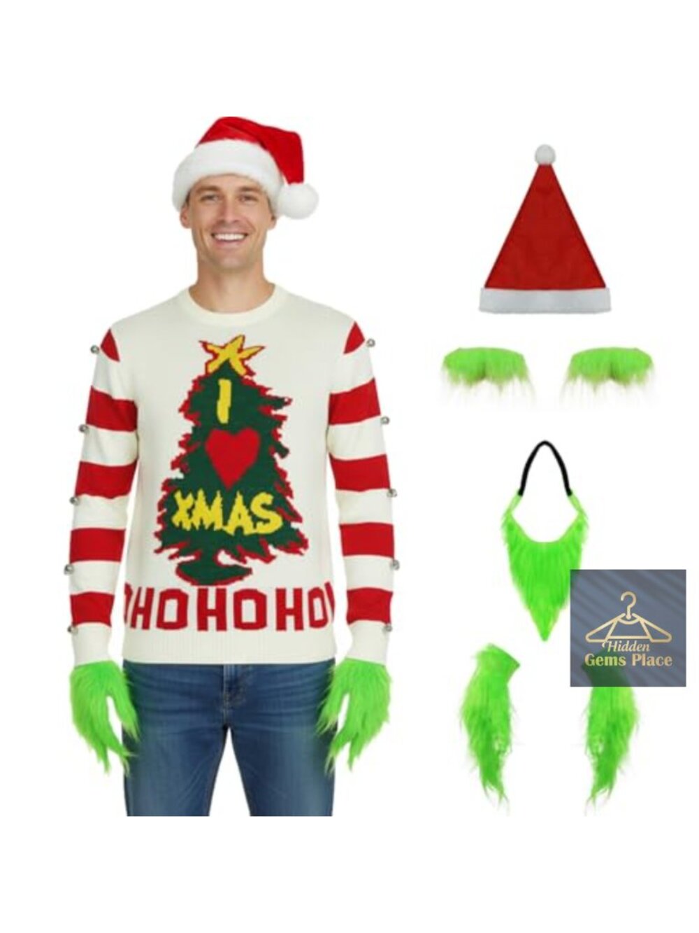 I Love Xmas Ugly Christmas Sweater with Santa Hat Beard Gloves Set